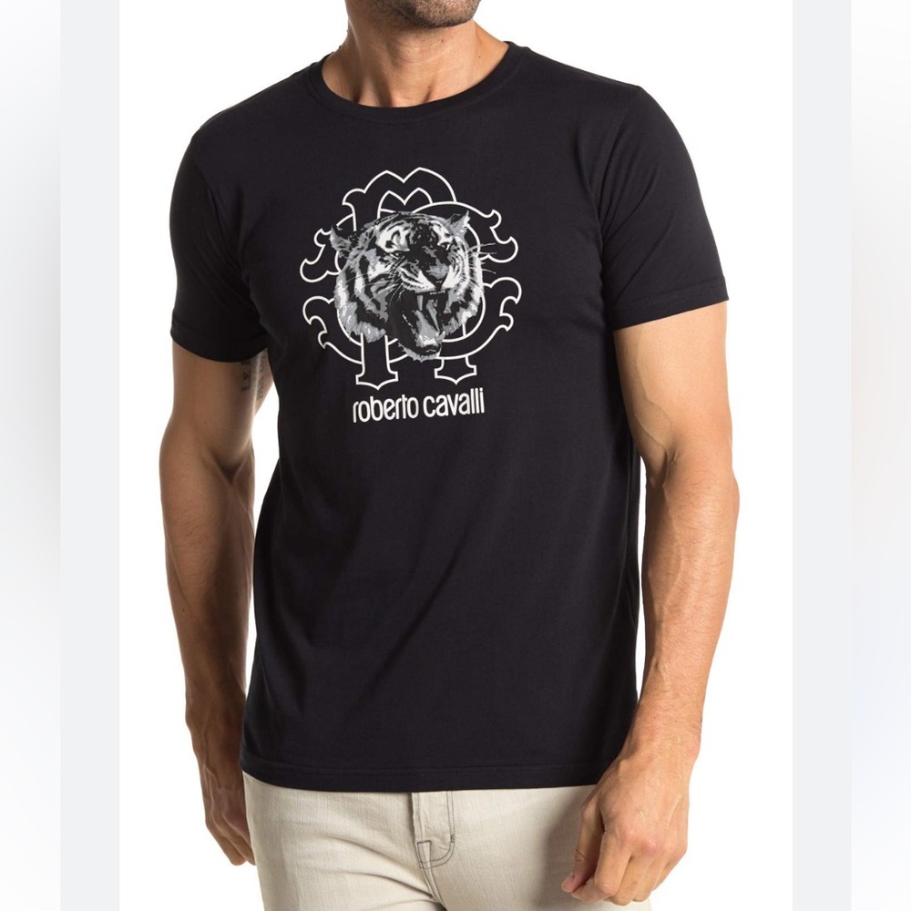 Roberto Cavalli unisex black cotton tiger print tee shirt, size S